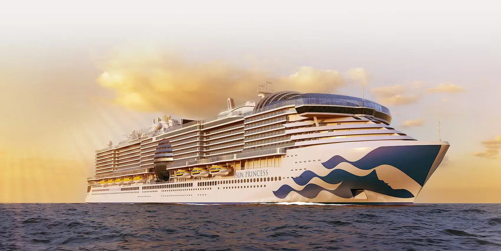The Sun Princess cruise ship sailing at sea at sunset, featuring the distinctive Princess Cruises blue wave hull design and multiple passenger decks, with a warm golden sky in the background.