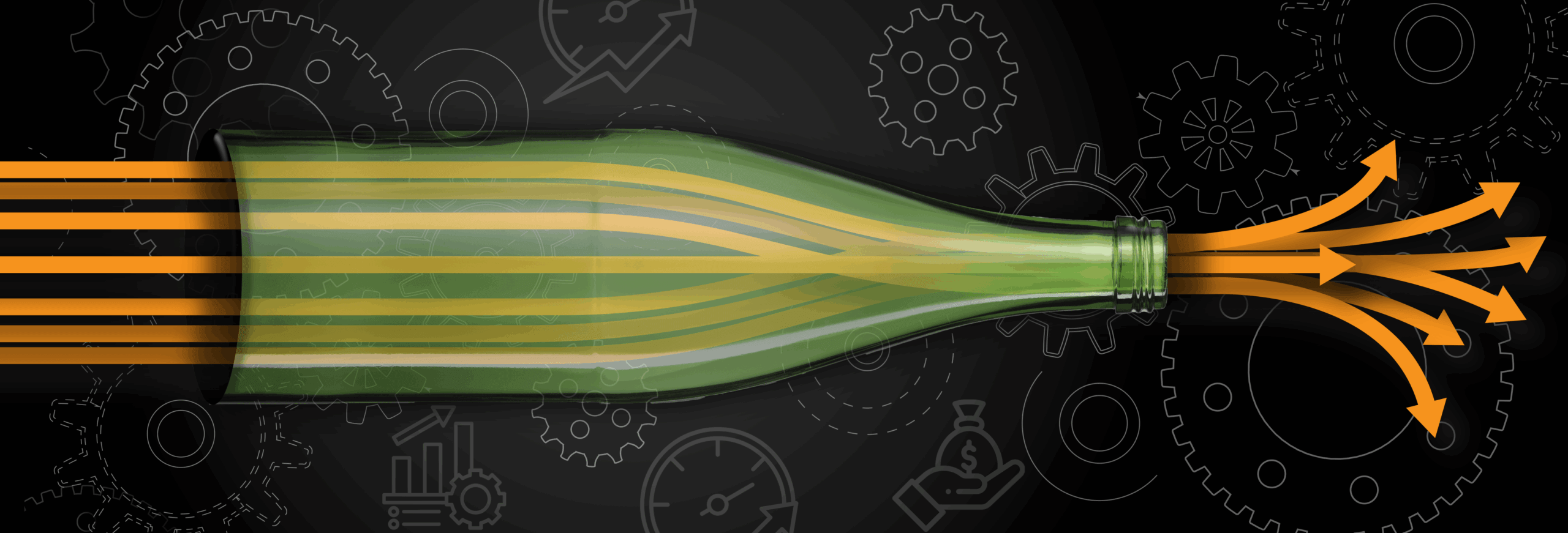 Banner image illustrating workflow bottleneck concept: multiple input streams funneling through a bottle neck and diverging into separate outputs, set against a dark background with industrial gear and efficiency icons.