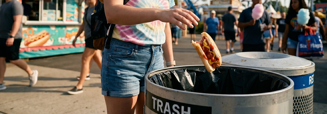 Amusement-Park-Food-banner_2026-05-13 A park visitor discards a partially eaten hotdog into a trash bin at a busy amusement park concession area.