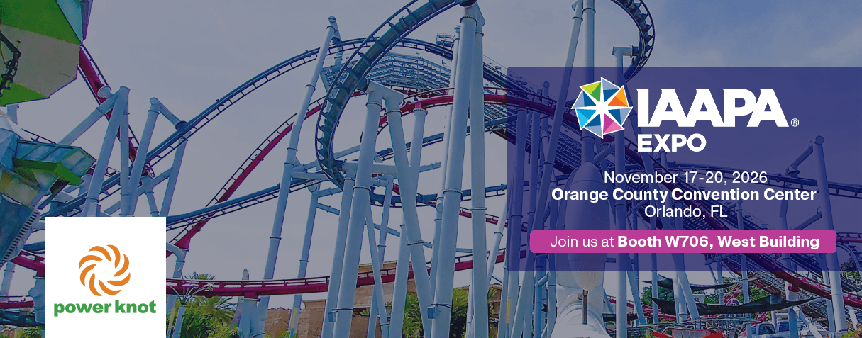 Power Knot event banner for IAAPA Expo, November 17–20, 2026, at the Orange County Convention Center in Orlando, FL. Roller coaster background with an invitation to visit Booth W706, West Building.