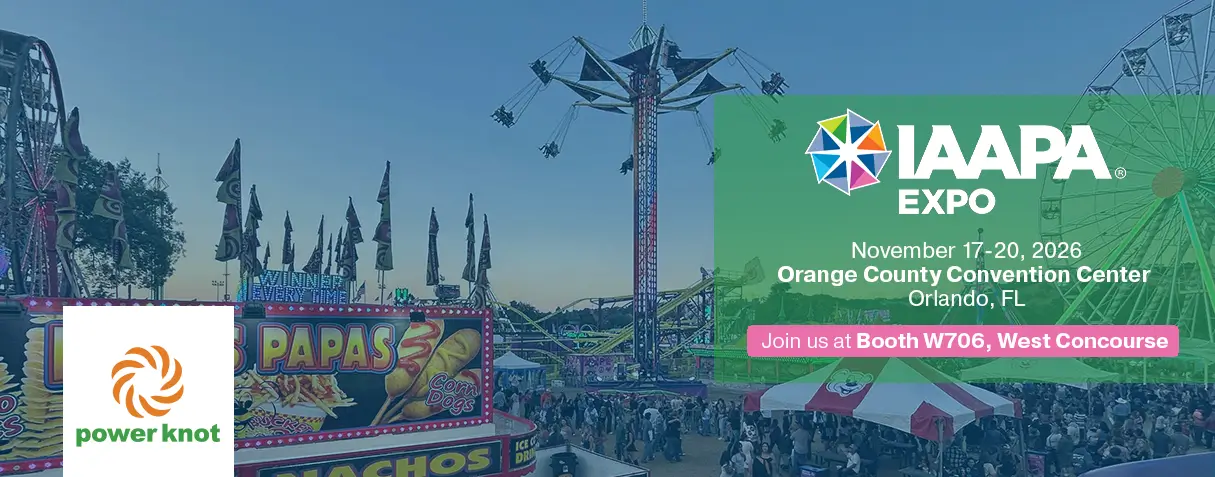 Power Knot event banner for IAAPA Expo, November 17–20, 2026, at the Orange County Convention Center in Orlando, FL. Roller coaster background with an invitation to visit Booth W706, West Building.