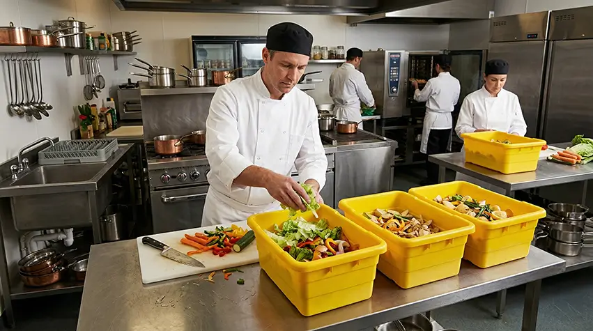 A chef sorts vegetable food scraps into yellow bins during food preparation at a busy commercial kitchen, with additional kitchen staff working in the background.