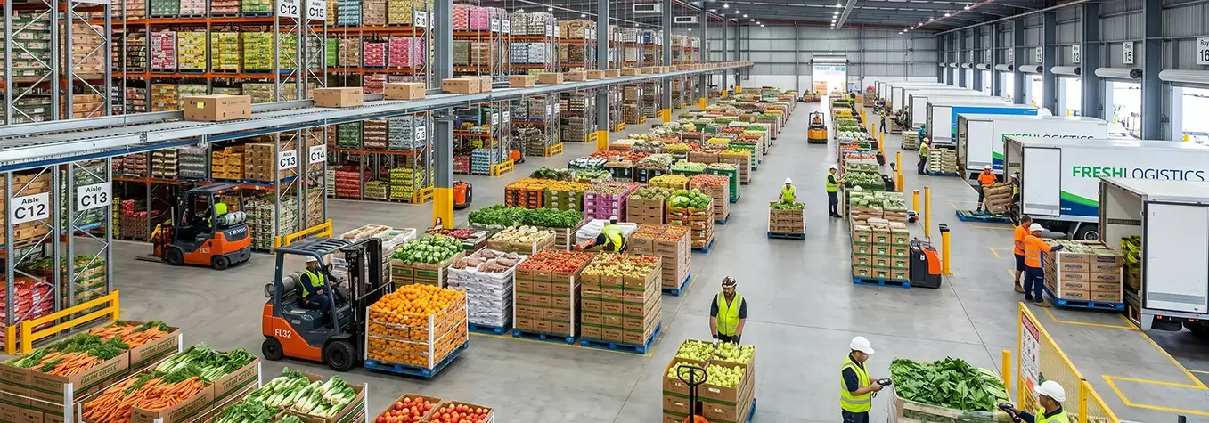 Aerial view of a large wholesale food distribution center with workers in high-visibility vests managing pallets of fresh produce, forklifts moving inventory across aisles, and refrigerated delivery trucks loading at the dock.