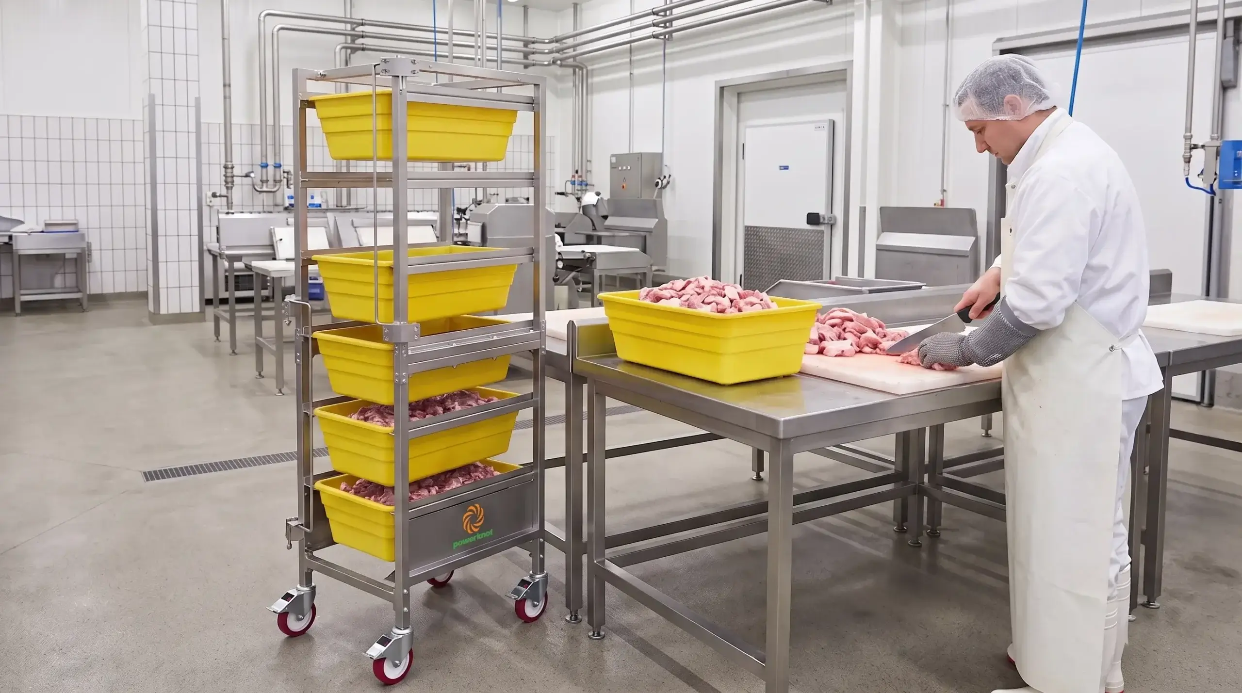 SBH-180 stainless steel lug cart transporting food waste bins in a meat processing facility.